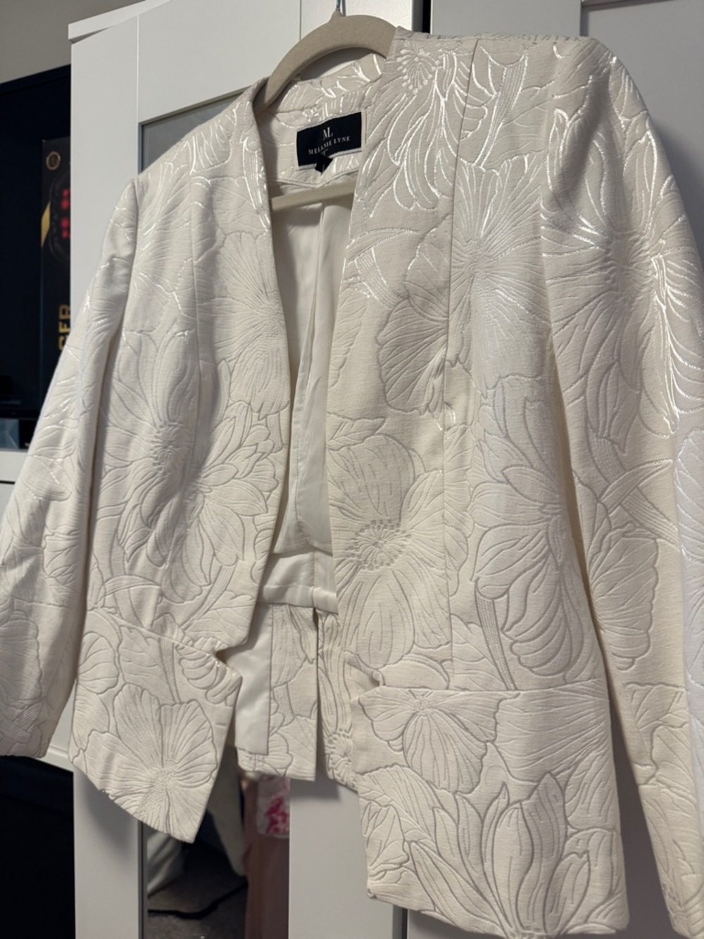 Cream Floral Embossed Open-Front Blazer